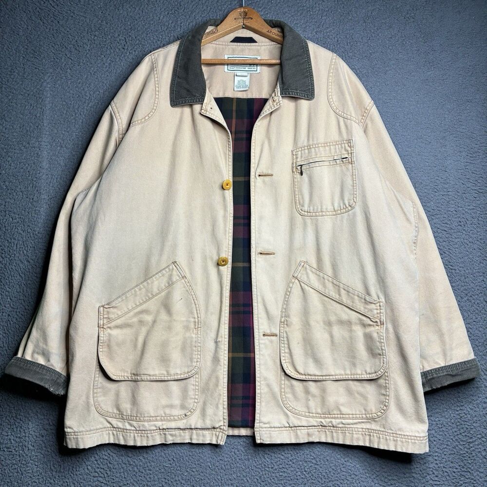 LL Bean Jacket Mens Tan Flannel Lined Field Chore Barn Coat Canvas Size XXL